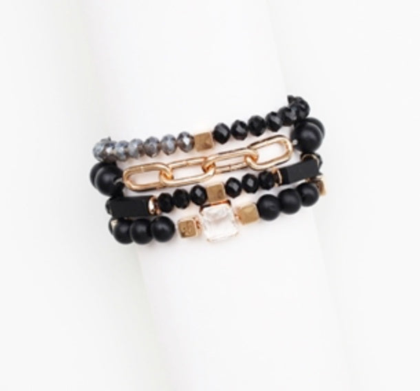 BLACK WOOD, CRYSTAL & GOLD CHAIN STRETCHABLE BRACELETS - SET OF 4
