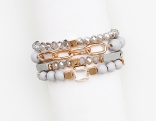 GREY WOOD, CRYSTAL & GOLD CHAIN STRETCHABLE BRACELETS - SET OF 4
