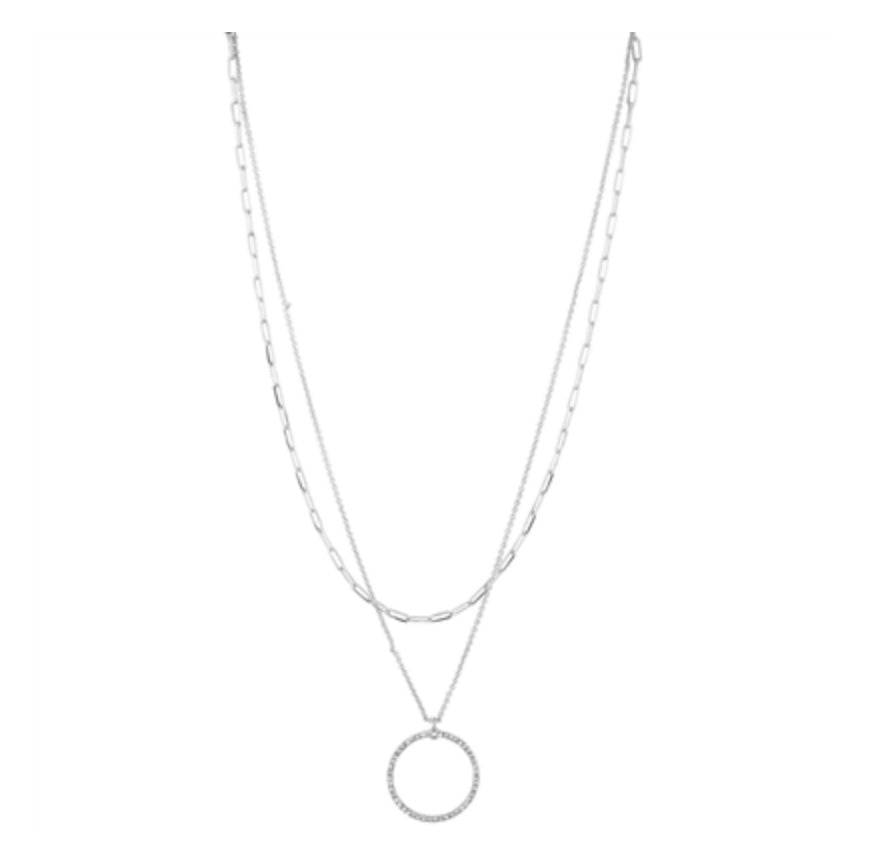 SILVER DOUBLE LAYERED CHAIN WITH PAVE CIRCLE NECKLACE