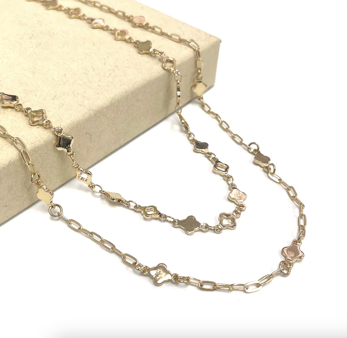 Gold Two Row Clover and Gold Chain Layered 16"-18" Necklace