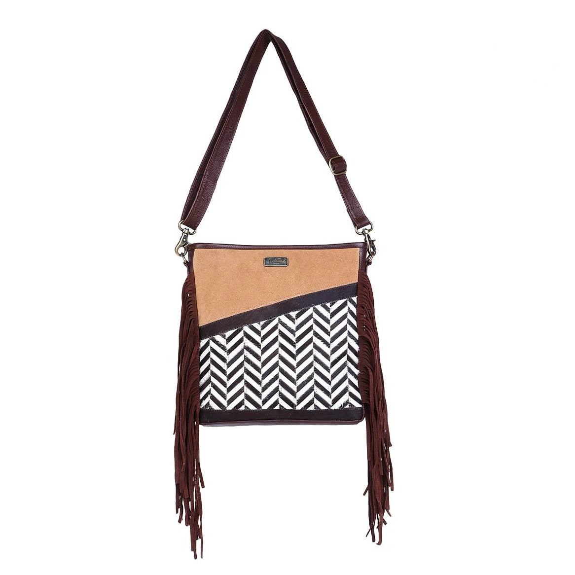 THE ZIGZAG ZEST COWHIDE & LEATHER SHOULDER CROSSBODY HANDBAG by SIXTEASE®