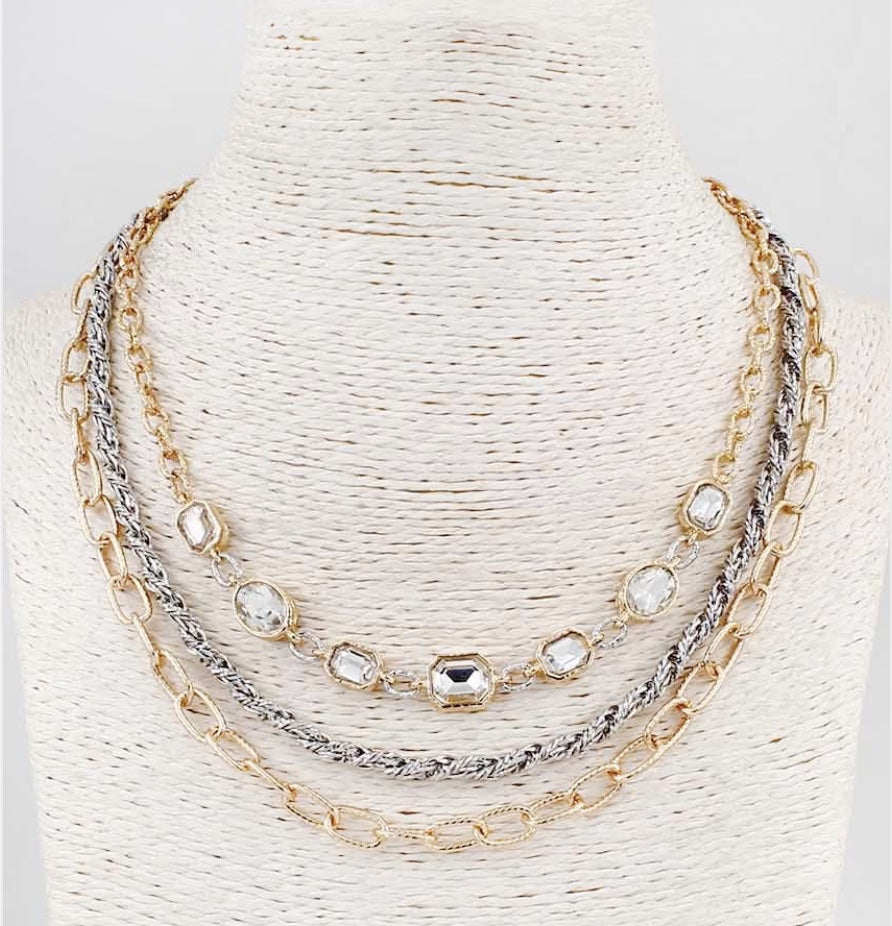 Gold and Silver Textured with Clear Crystal 16"-18" Necklace