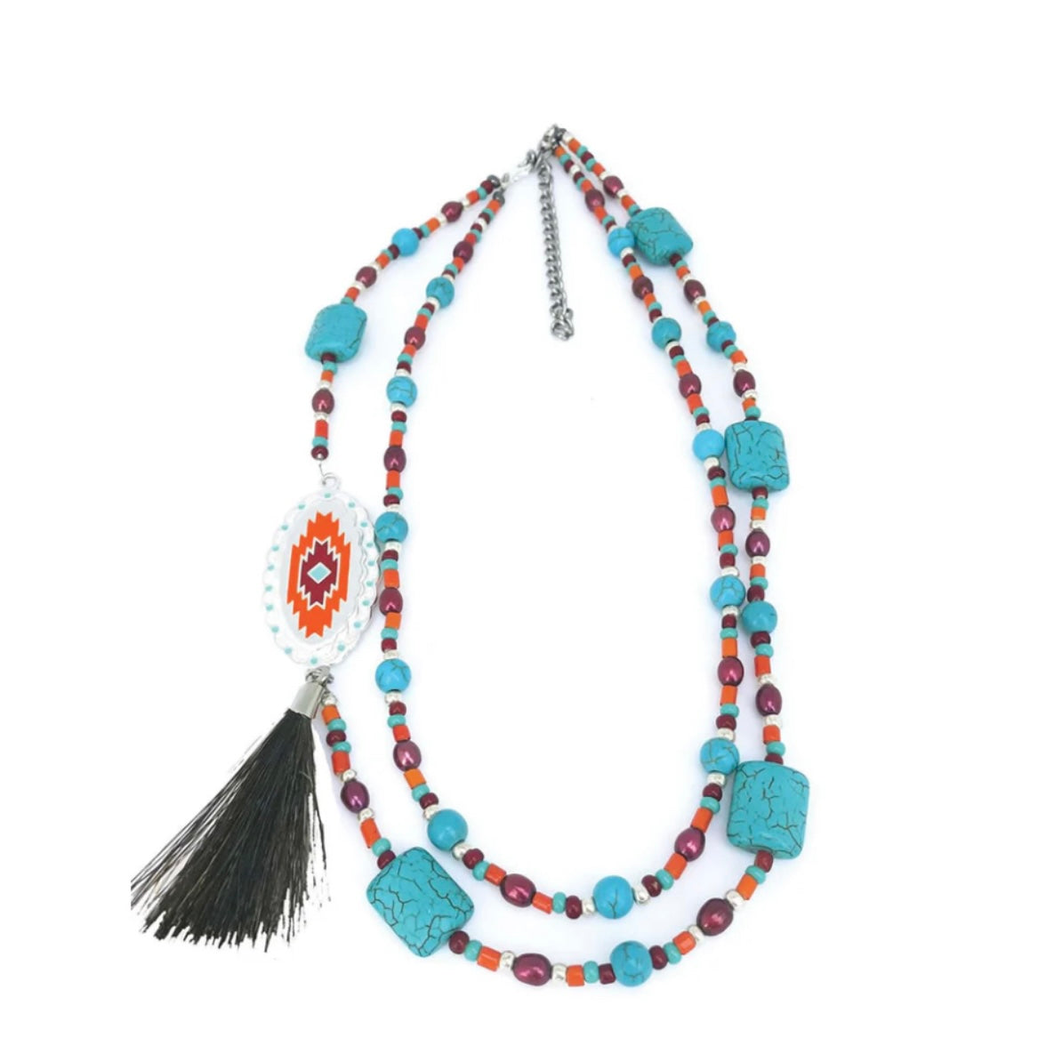 HANDCRAFTED GENUINE HORSEHAIR LAYERED TURQUOISE HOWLITE, GLASS BEAD & PEARL NECKLACE