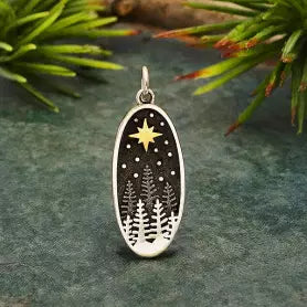 HANDMADE STERLING SILVER PINE TREE CHARM W/BRONZE STAR ON 18" STERLING BOX CHAIN NECKLACE