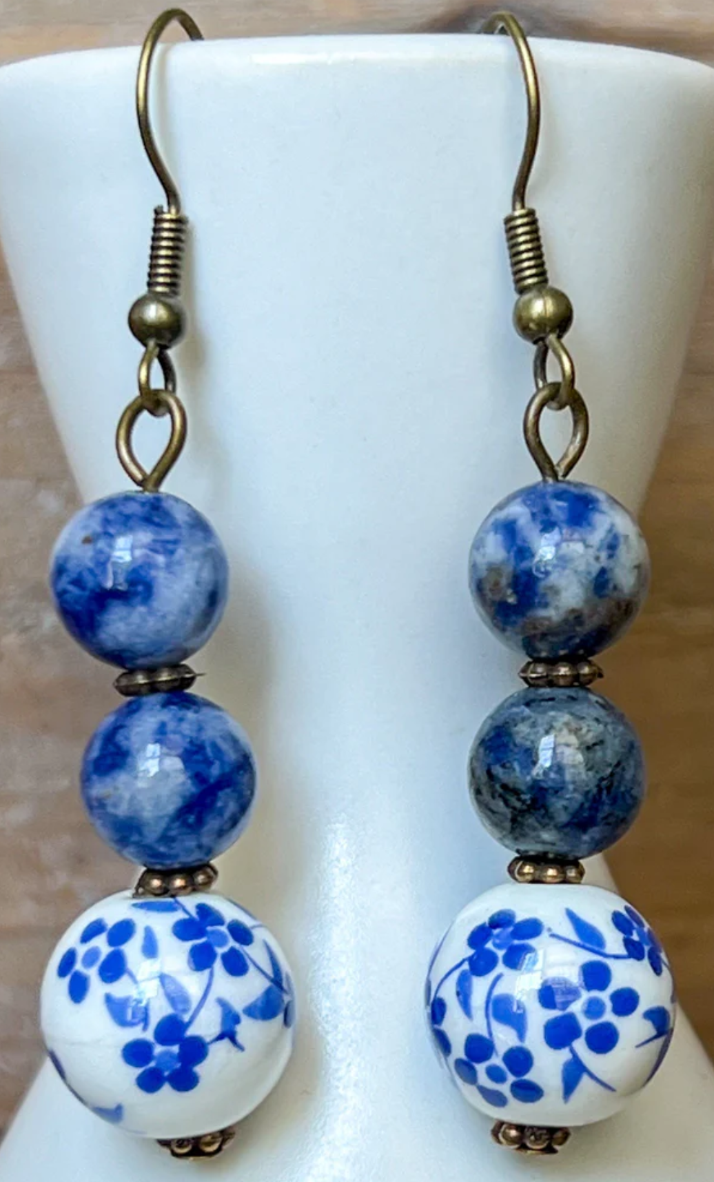 EARRINGS - VINTAGE BLUE & WHITE FLORAL BEADED