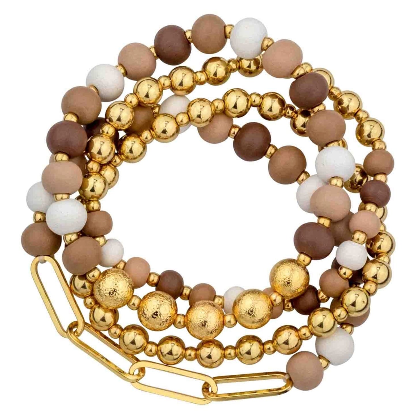 BEIGE MULTI WOOD & GOLD CHAIN SET OF 4 STRETCHABLE BRACELETS