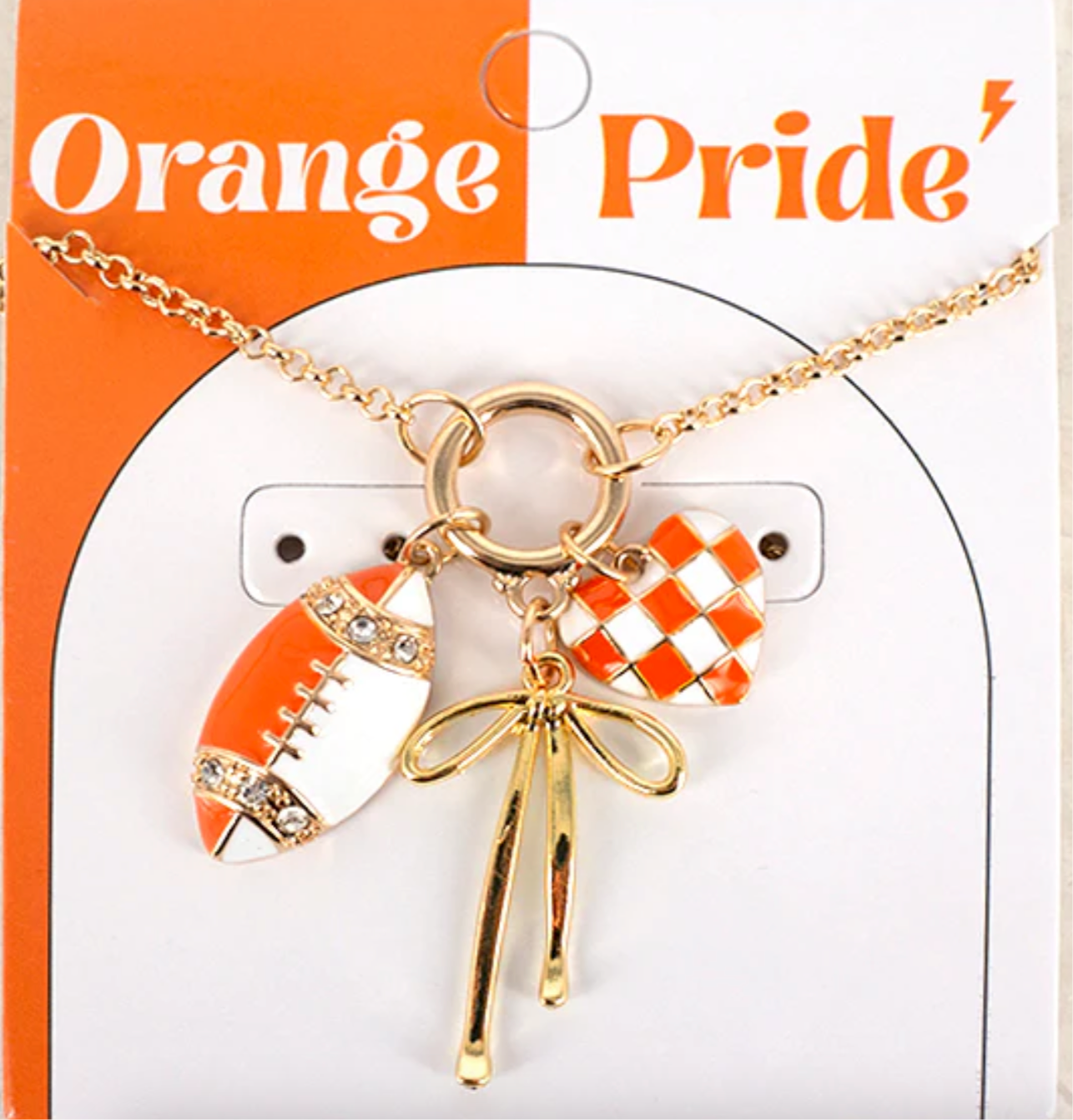 Gameday Charm Necklace with Football, Bow, and Heart 16"-18" Necklace