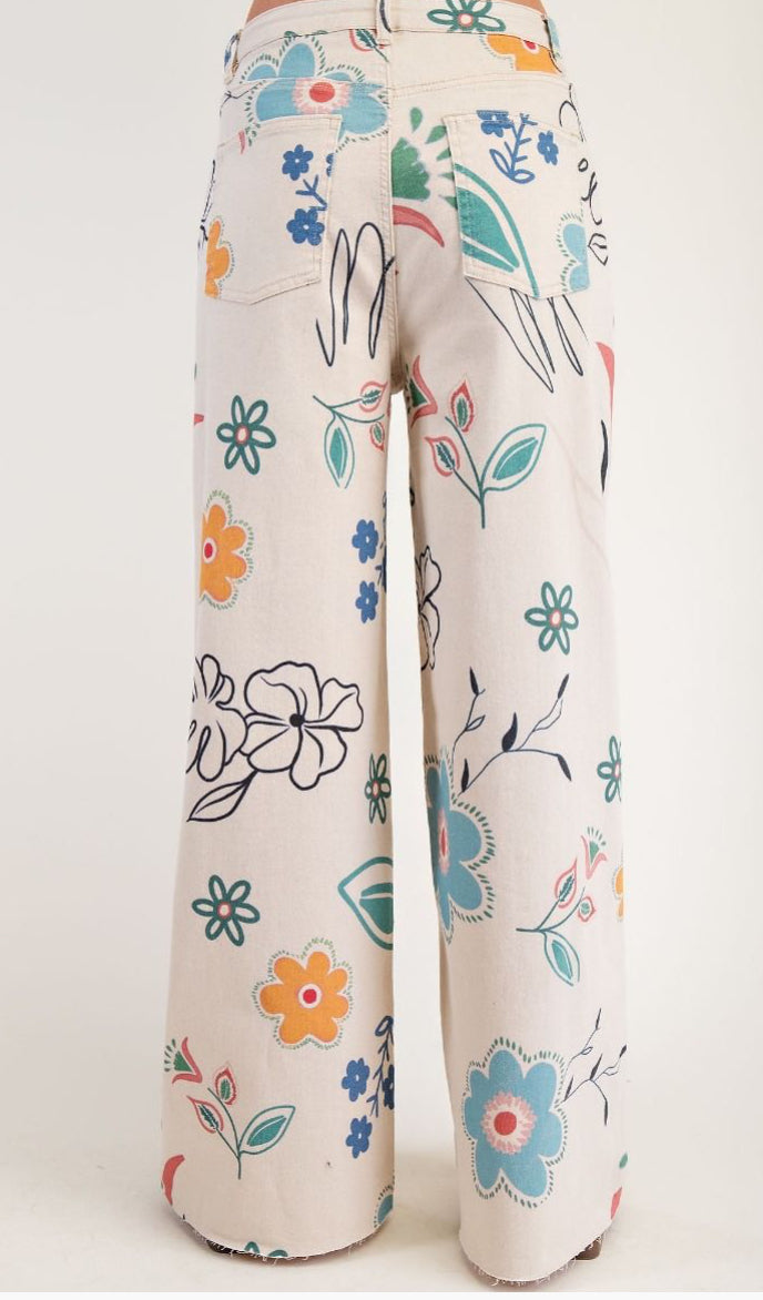 FLORAL PRINTED WASHED TWILL WIDE PANTS