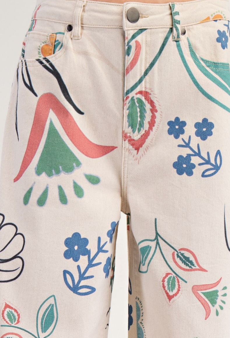 FLORAL PRINTED WASHED TWILL WIDE PANTS