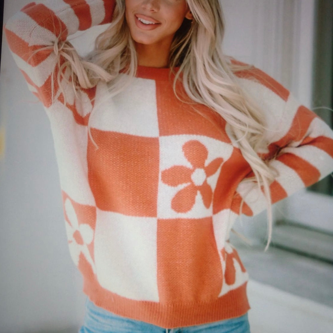 ORANGE AND WHITE FLOWER SWEATER