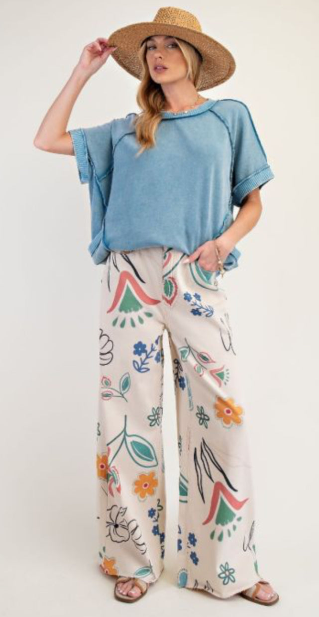 FLORAL PRINTED WASHED TWILL WIDE PANTS
