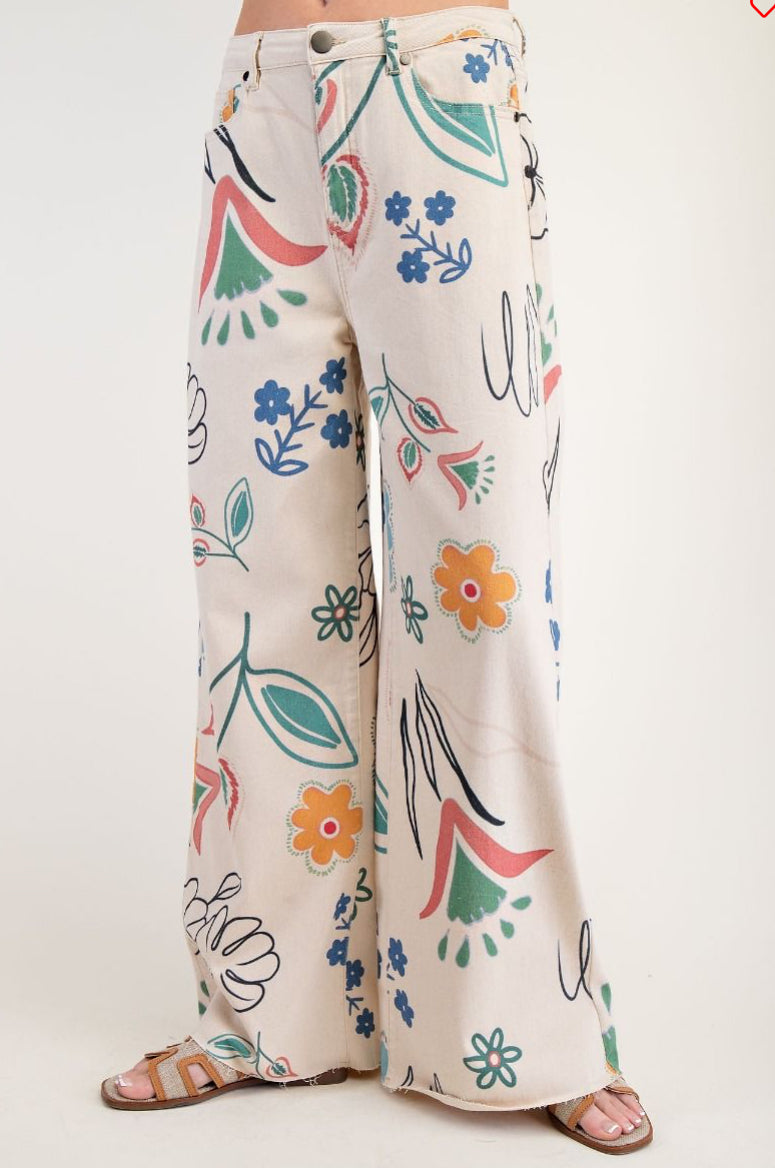 FLORAL PRINTED WASHED TWILL WIDE PANTS