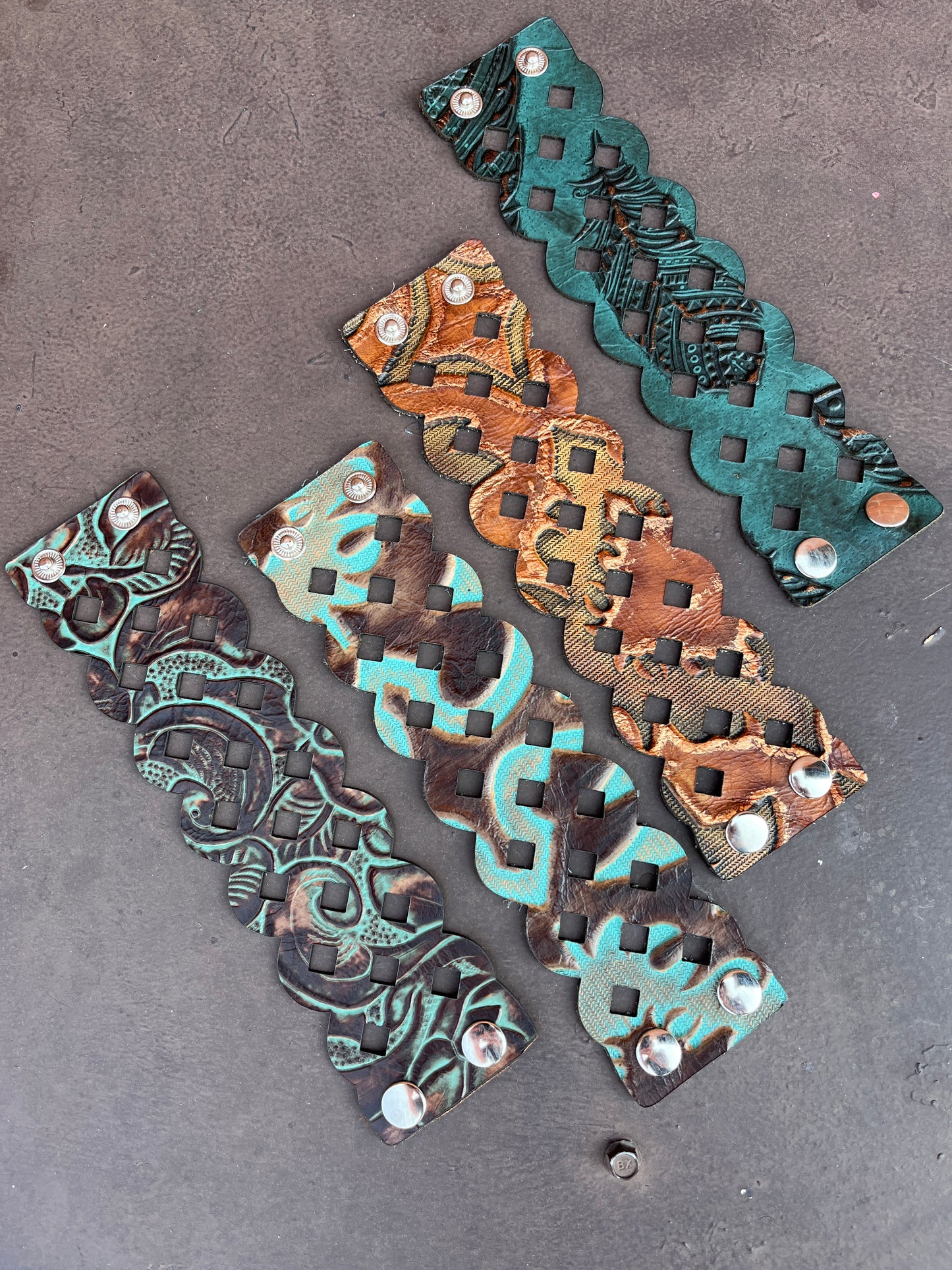 HANDCRAFTED EMBOSSED DIAMOND CUTOUT LEATHER CUFF