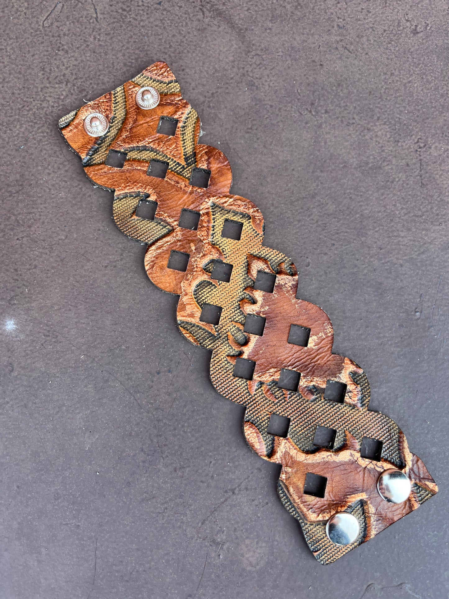HANDCRAFTED EMBOSSED DIAMOND CUTOUT LEATHER CUFF