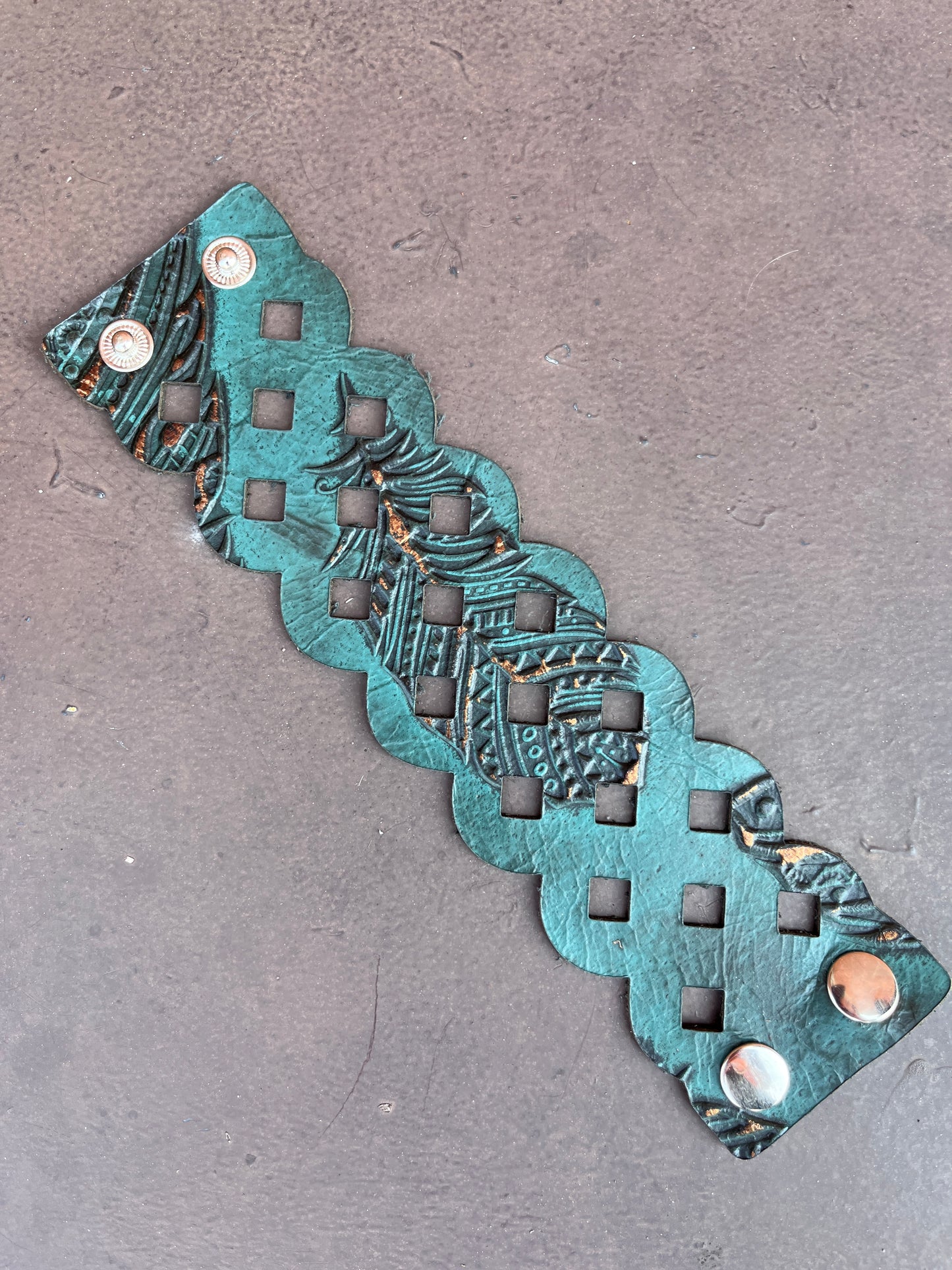 HANDCRAFTED EMBOSSED DIAMOND CUTOUT LEATHER CUFF