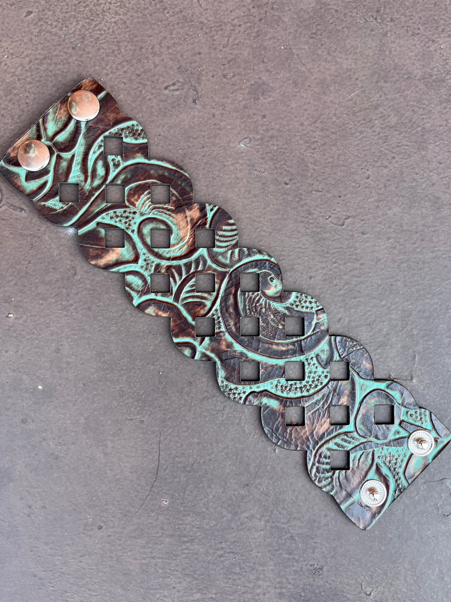 HANDCRAFTED EMBOSSED DIAMOND CUTOUT LEATHER CUFF