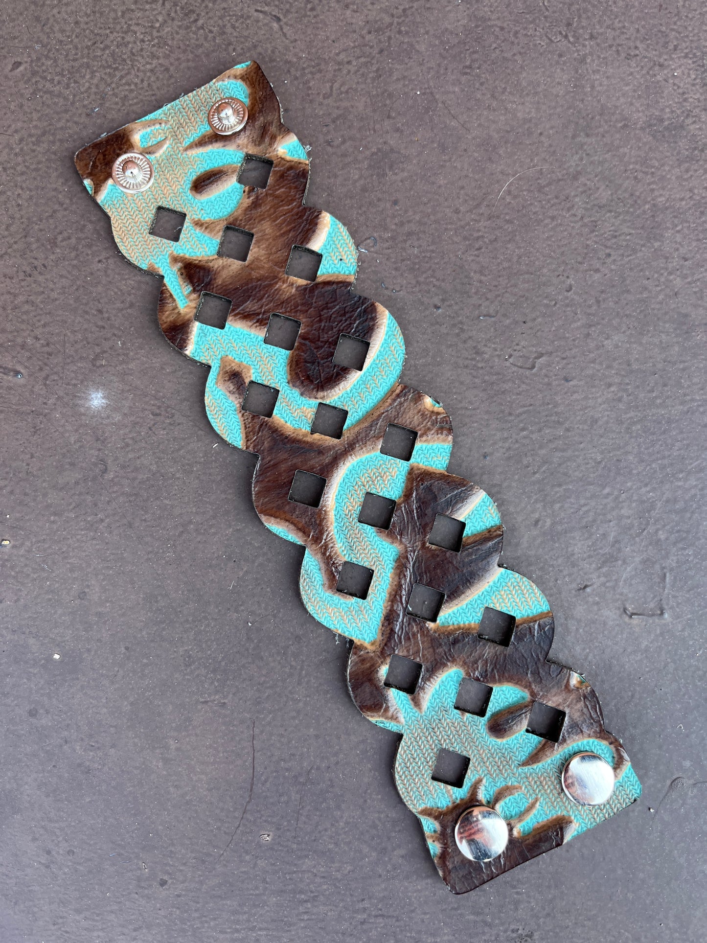 HANDCRAFTED EMBOSSED DIAMOND CUTOUT LEATHER CUFF
