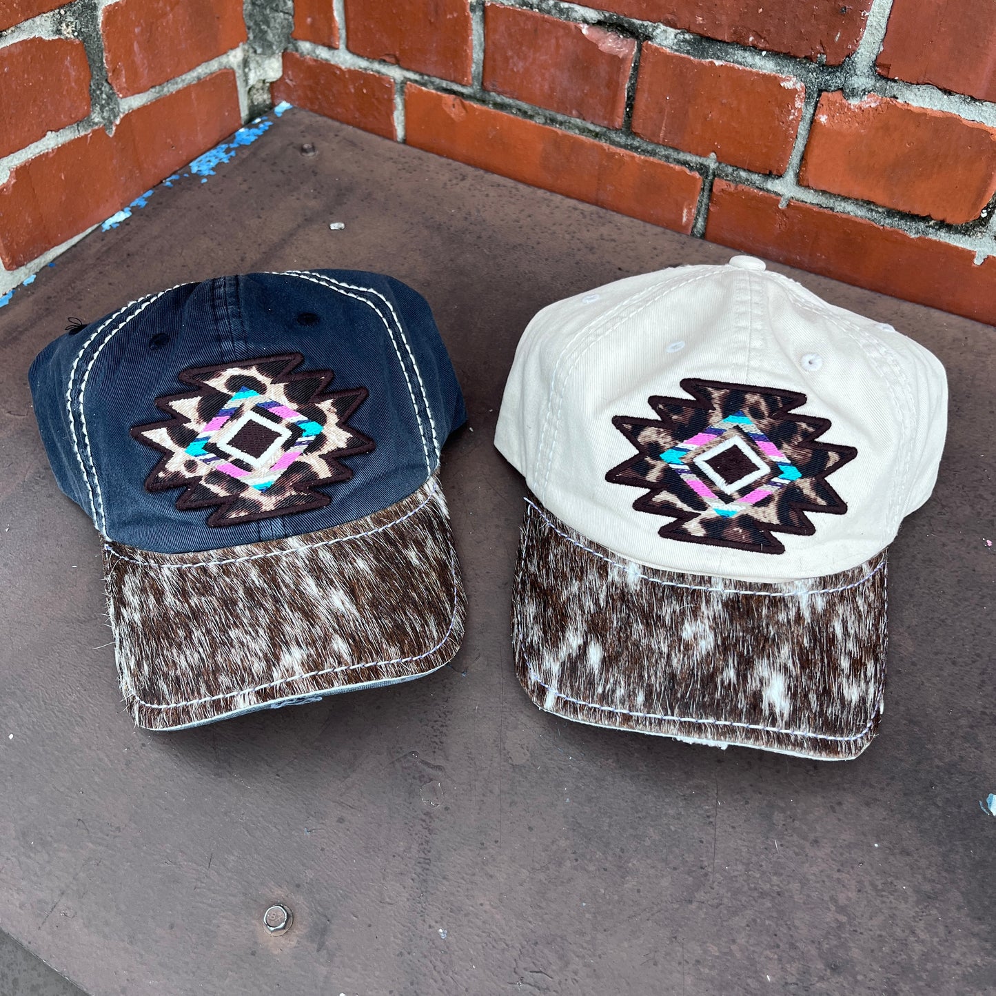 Leopard Mosaic Western Aztec Pattern Vintage Distressed Baseball Hat with Custom Handcrafted Cowhide "Lainey" Brim by Mountain Attitude Designs™