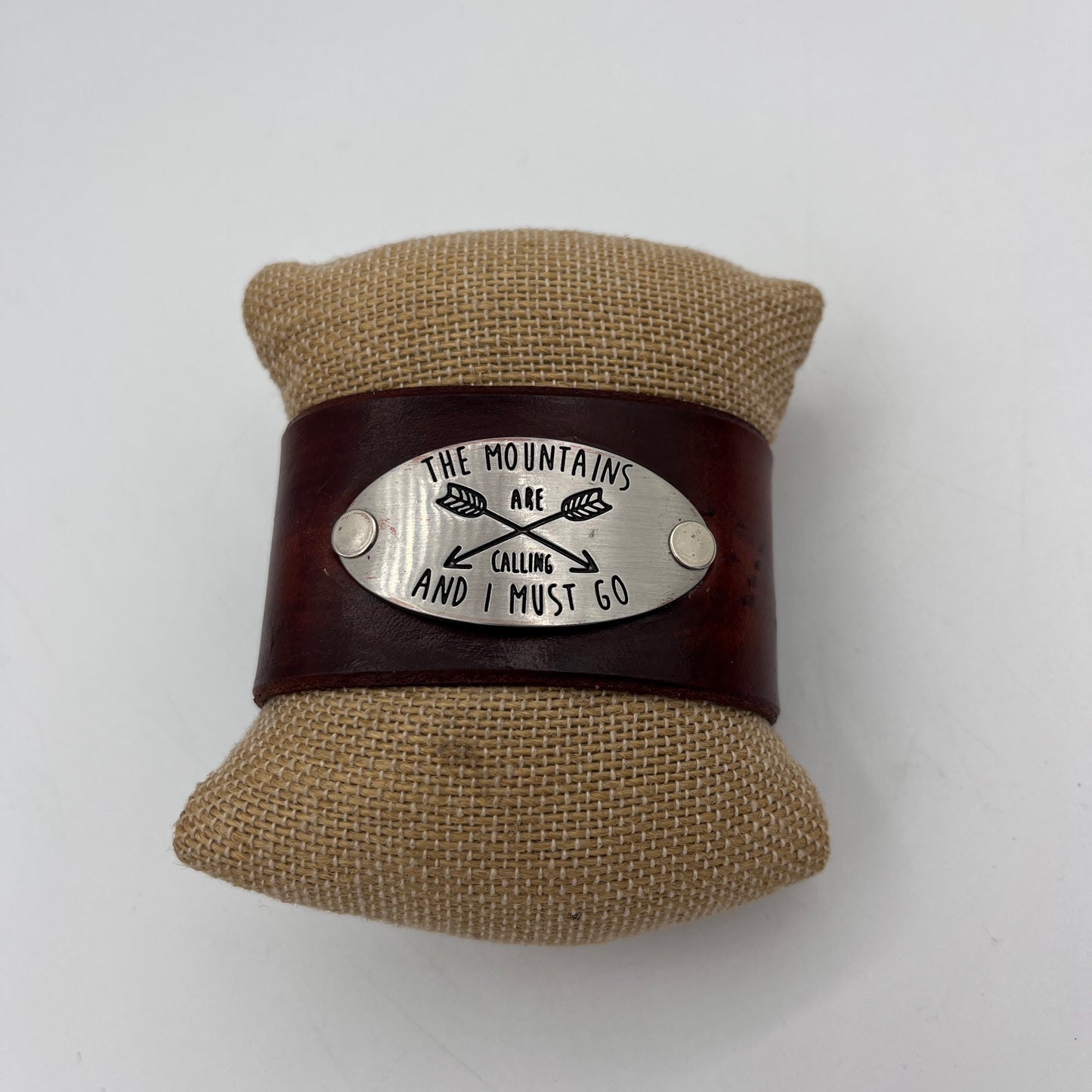 CUSTOM HANDMADE MADE LEATHER CUFF "MOUNTAINS ARE CALLING AND I MUST GO"