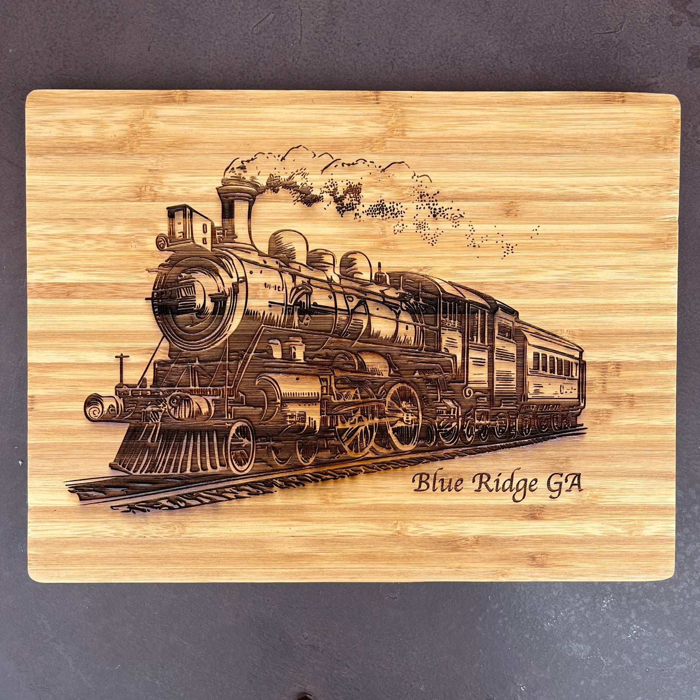 CUSTOM LASERED LOCOMOTIVE BAMBOO CUTTING BOARD 12"X9"