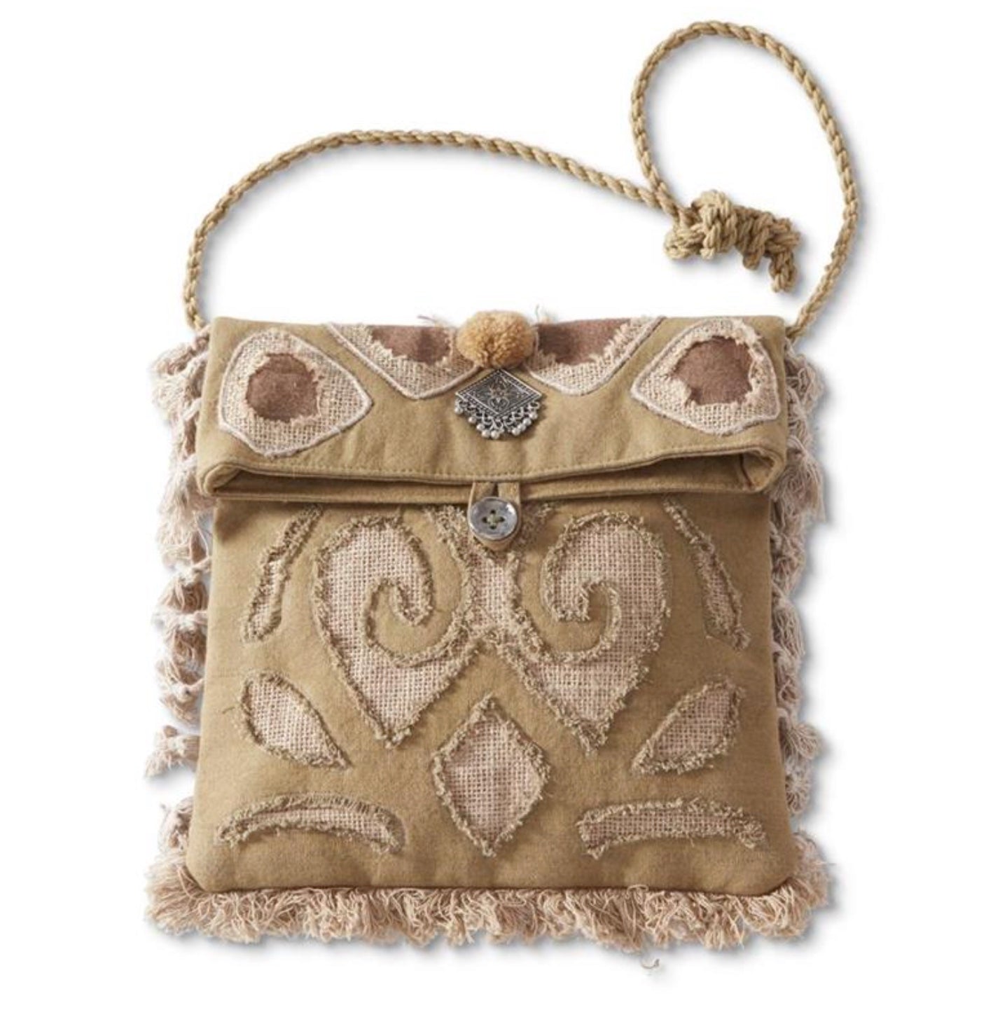 GREEN & BURLAP CUTOUT CROSSBODY HANDBAG