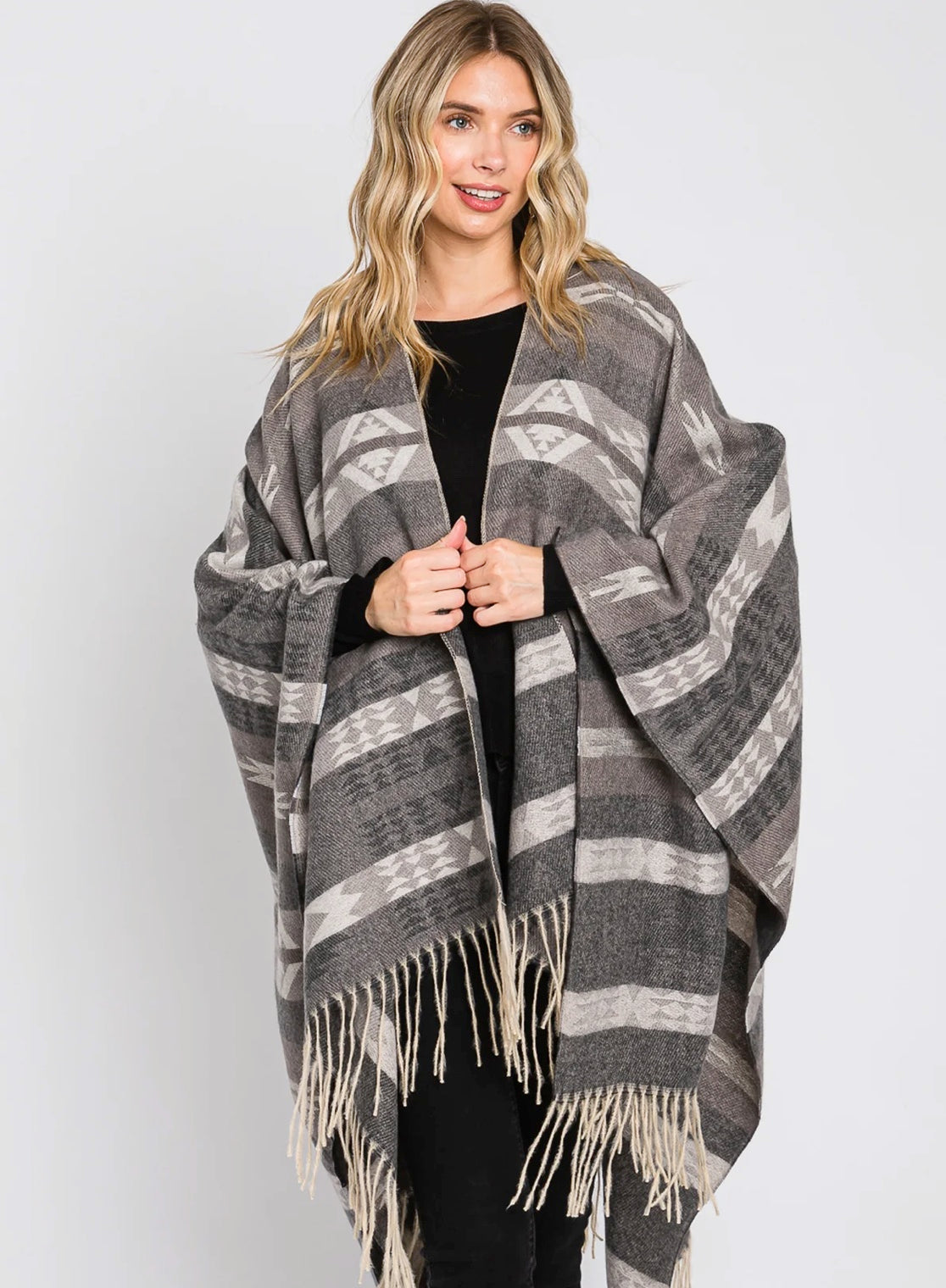 ANDREA AZTEC PRINT FRINGE SHAWL/RUANA