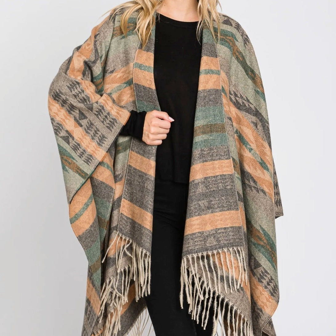 ANDREA AZTEC PRINT FRINGE SHAWL/RUANA