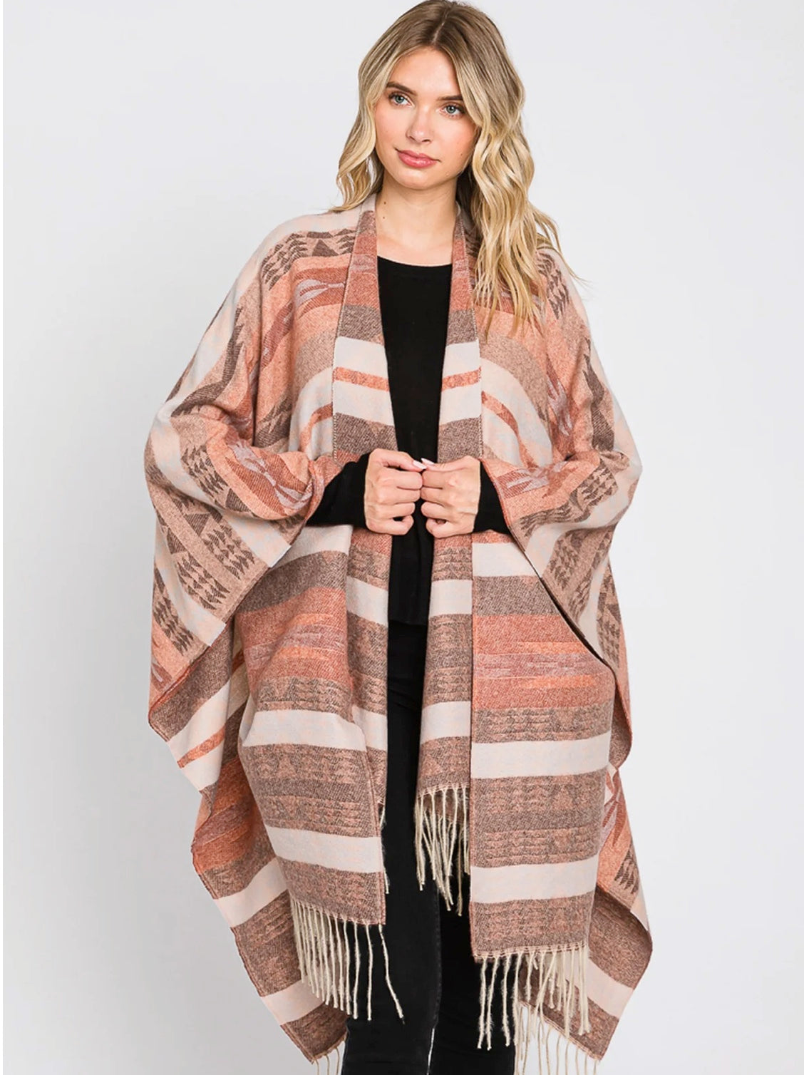 ANDREA AZTEC PRINT FRINGE SHAWL/RUANA