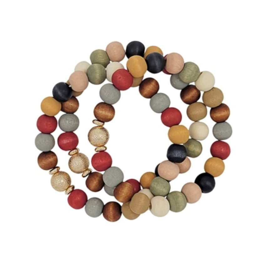 MULTI WOOD BEADED AND GOLD SET OF 3 BRACELETS