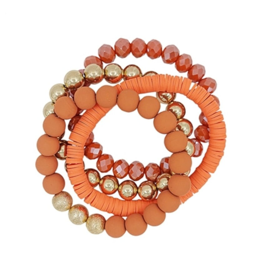 ORANGE RUBBER, CRYSTAL & GOLD SET OF 4 STRETCH BRACELETS