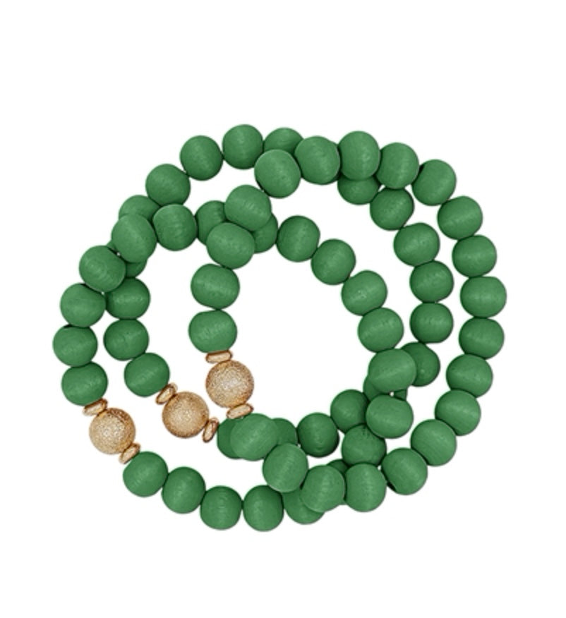 GREEN WOOD BEADED & GOLD SET OF 3 STRETCH BRACELETS
