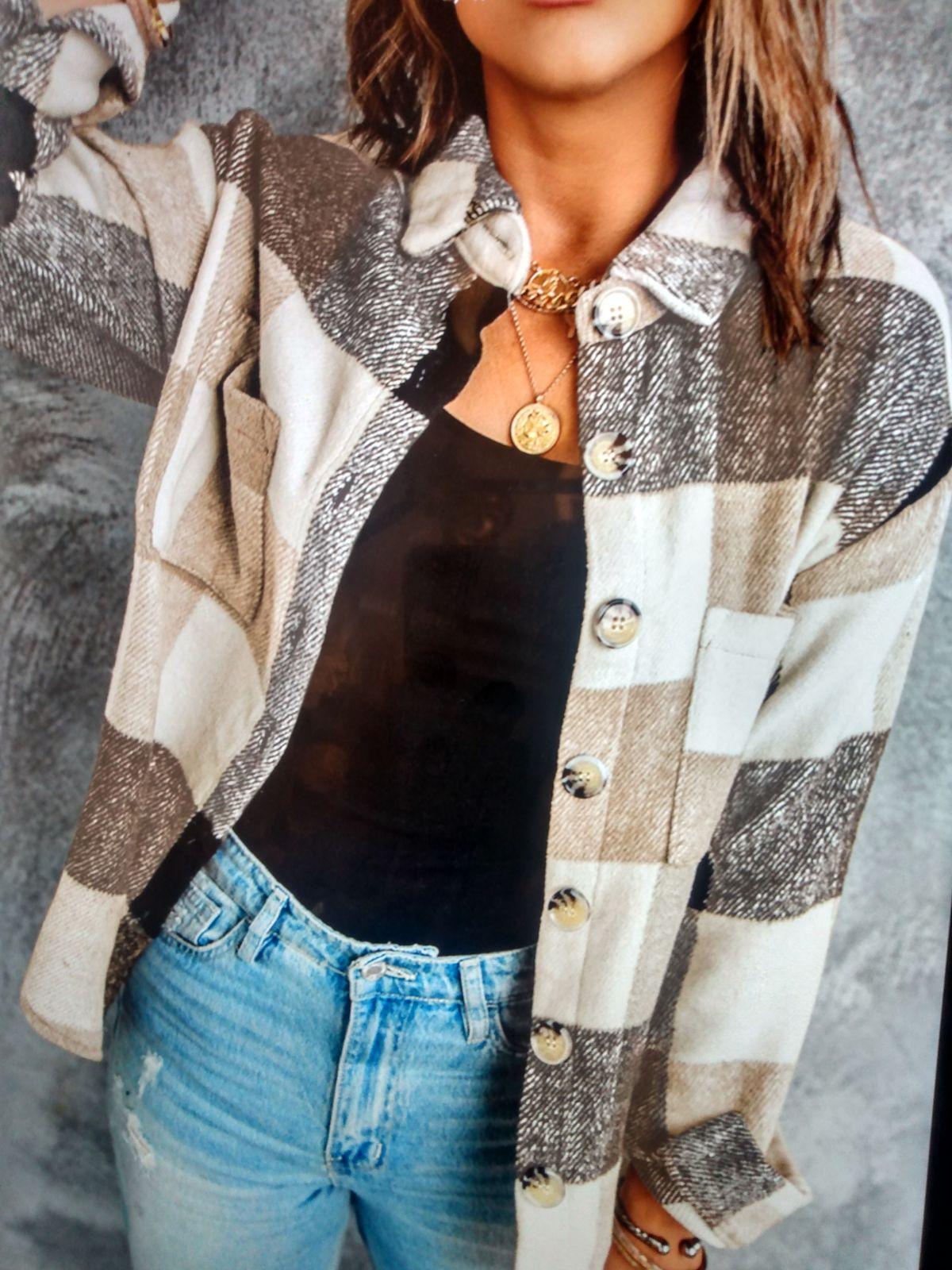 WOMEN'S CASUAL BROWN & CREAM PLAID BUTTON DOWN LONG SLEEVE SHACKET