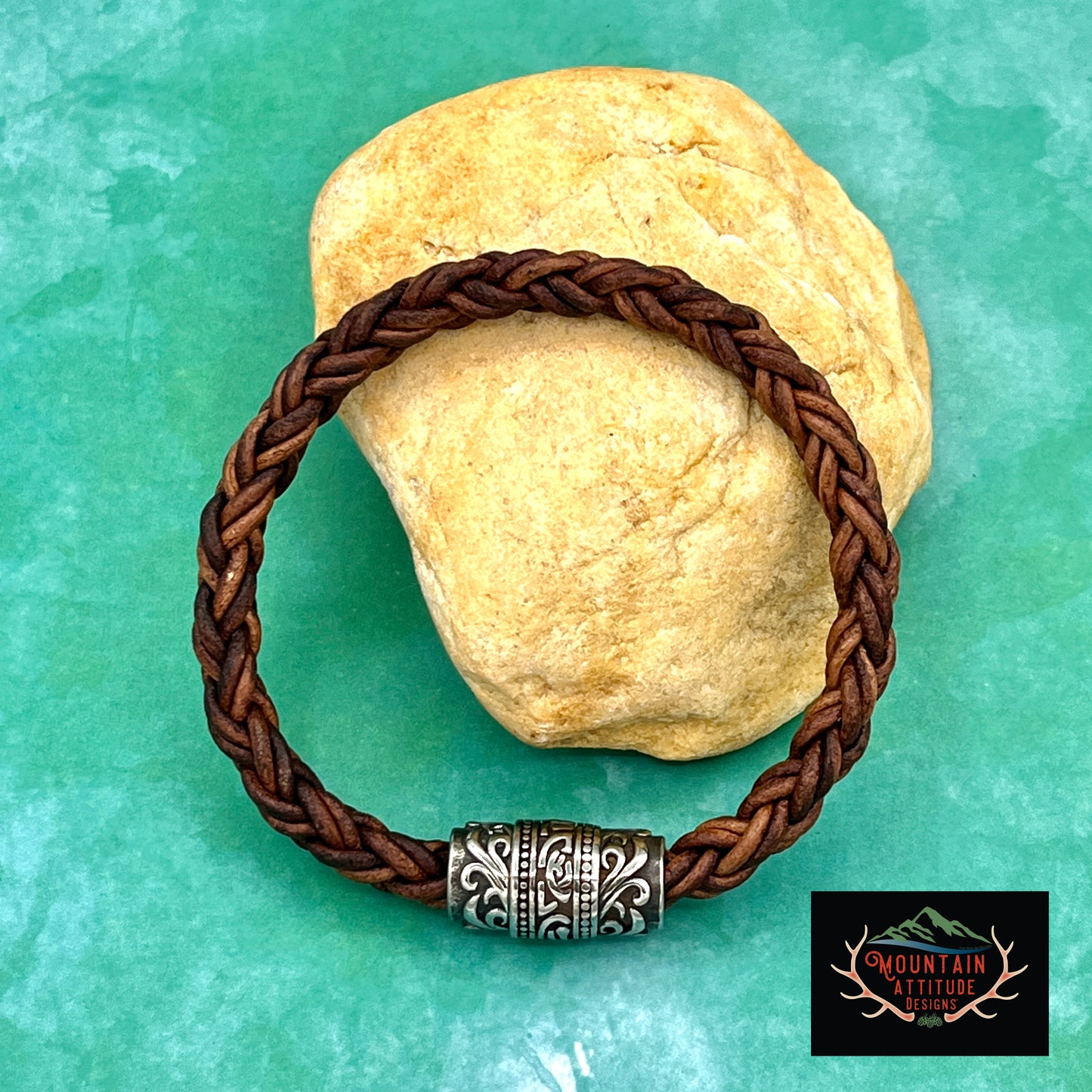 HANDCRAFTED 8MM LEATHER BOLO CORD WITH SOLD TRIBAL MAGNET CLASP BRACELET