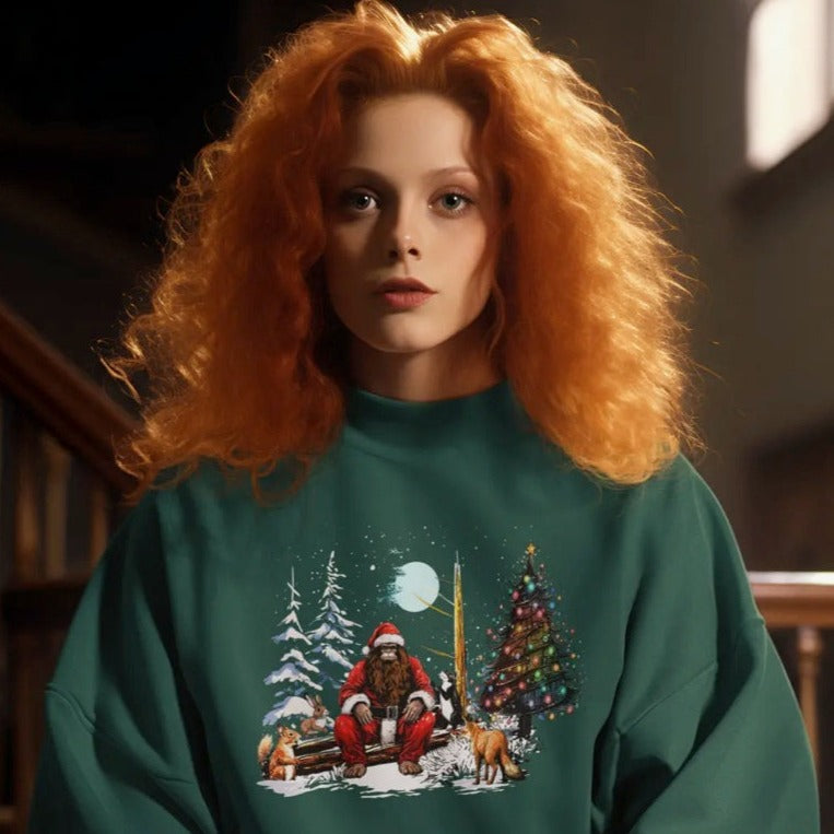 SANTA BIGFOOT & ANIMALS WINTER SCENE SWEATSHIRT FOR HIM OR HER