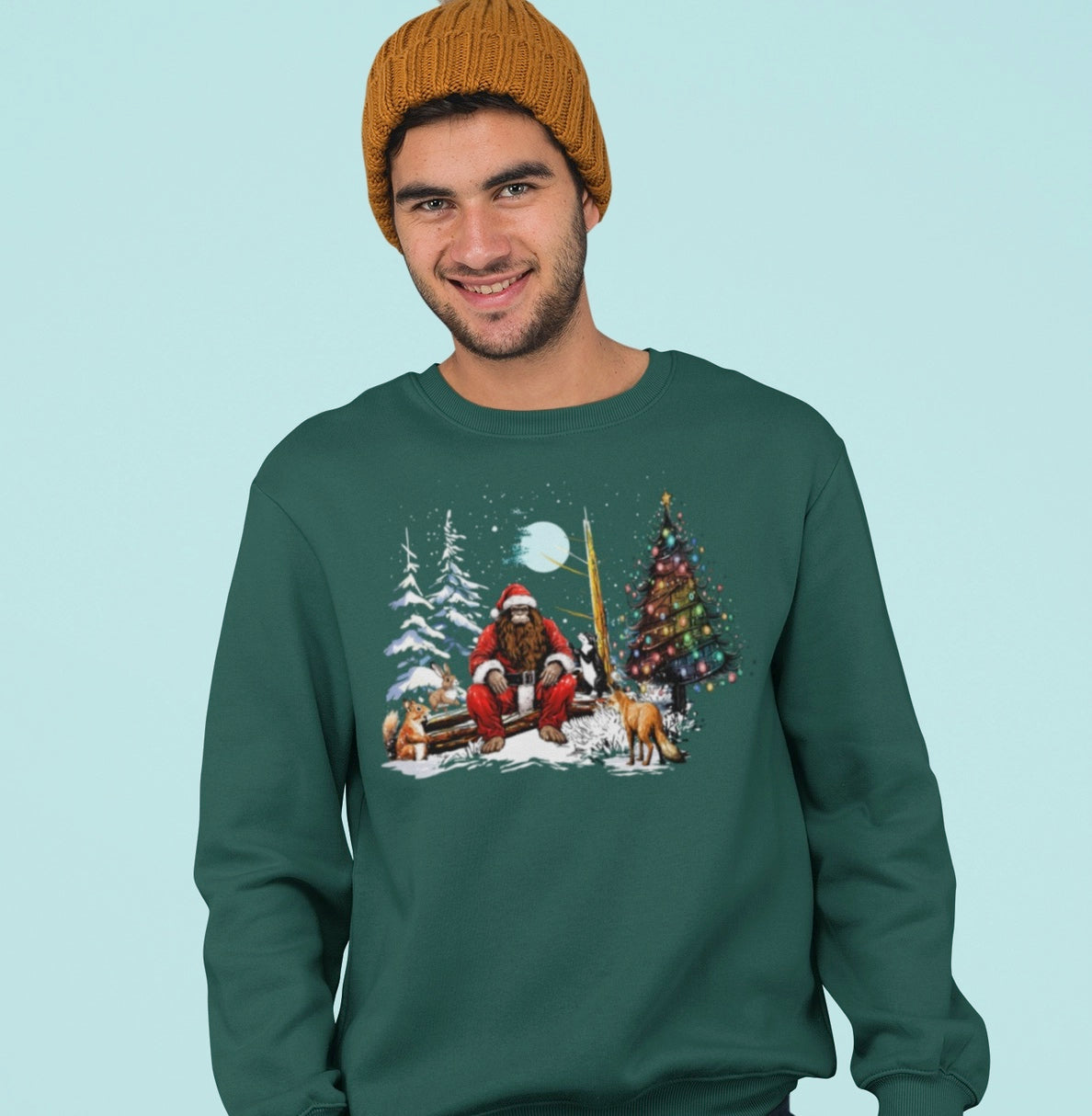SANTA BIGFOOT & ANIMALS WINTER SCENE SWEATSHIRT FOR HIM OR HER