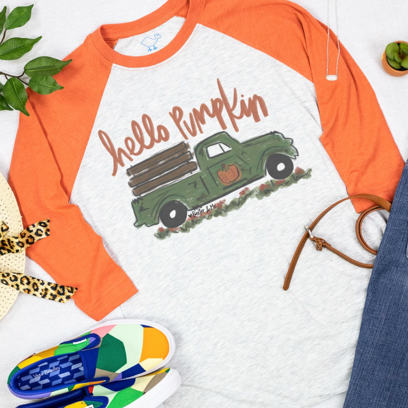 HELLO PUMPKIN TRUCK ON 3/4 ORANGE SLEEVE RAGLAN