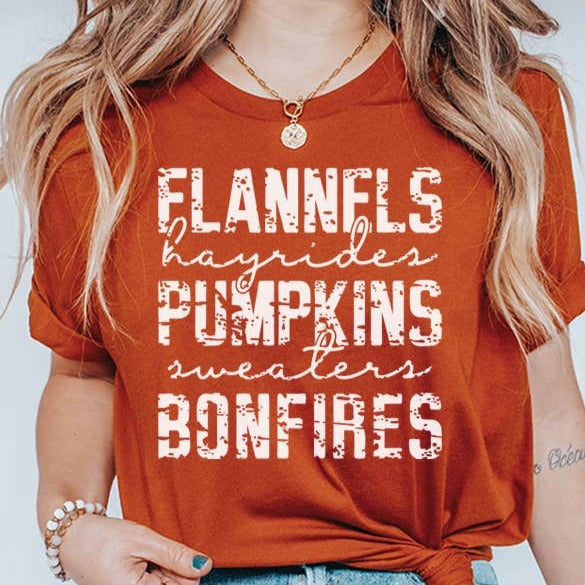 FALL APPAREL "FLANNELS PUMPKINS BONFIRES" GRAPHIC TEE