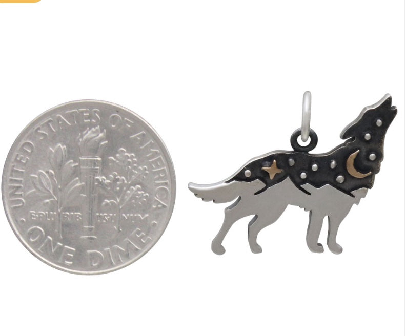 HANDMADE STERLING SILVER WOLF WITH BRONZE STAR & MOON CHARM NECKLACE by NINA DESIGNS®
