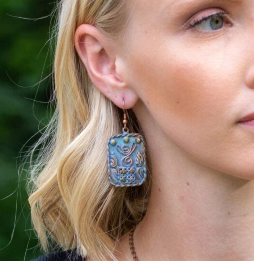 Copper Patina Earrings – Filigree Shapes in Blue Rectangle EP308