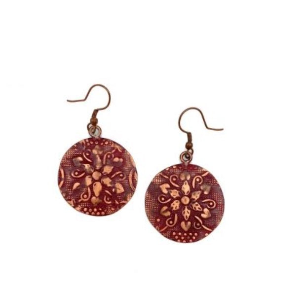 ANJU HANDCRAFTED RED BOTANICAL PRINT CIRCLE EARRINGS