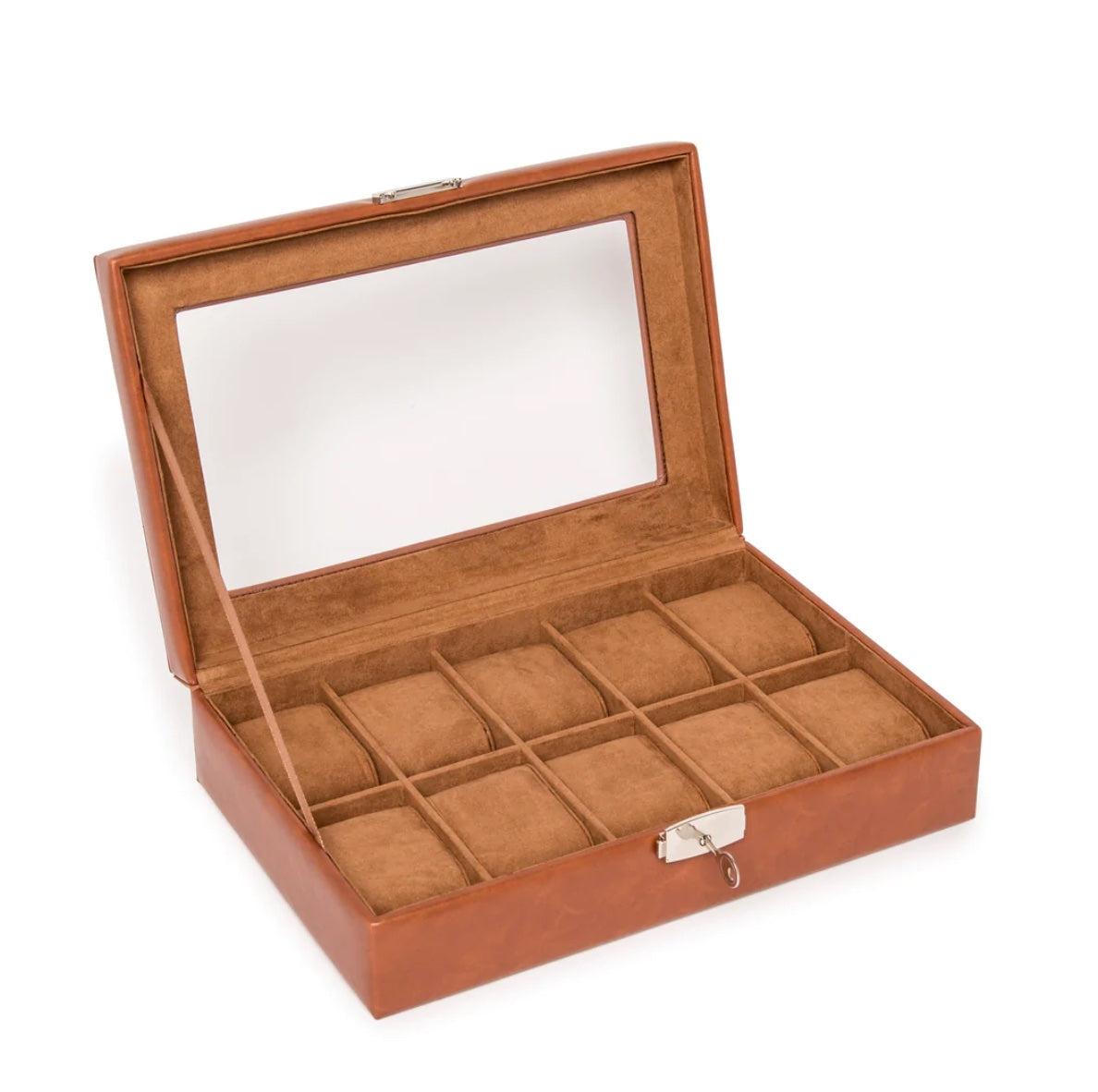 VEGAN LEATHER & WOOD WATCH BOX 10-SLOT WITH GLASS LID AND LOCK