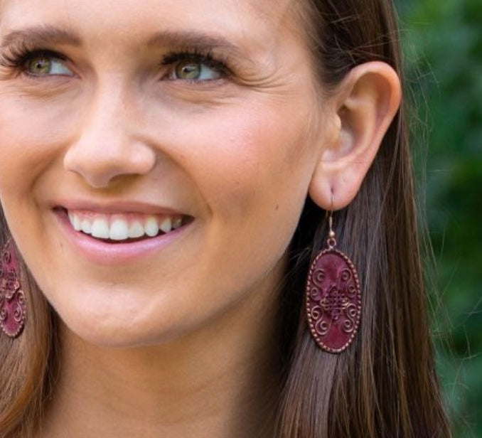 ANJU COPPER PATINA FILIGREE WITH SPIRALS BURGUNDY OVAL EARRINGS