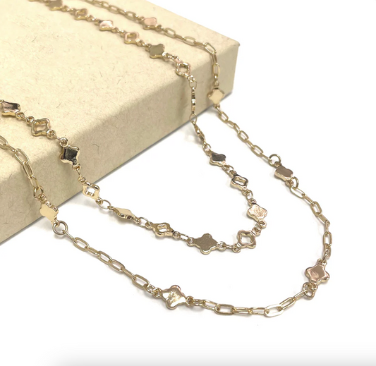 Gold Two Row Clover and Gold Chain Layered 16"-18" Necklace
