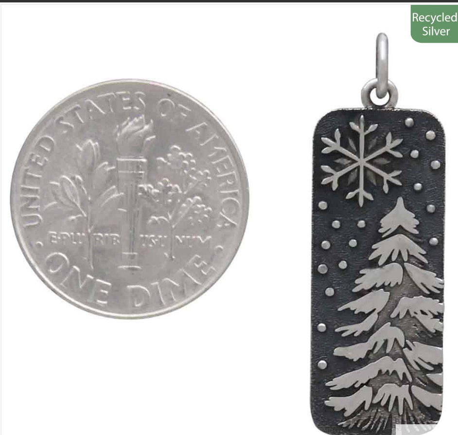 HANDCRAFTED STERLING SILVER SNOWY TREE & SNOWFLAKE NECKLACE 18" BOX CHAIN  Pendant 30x10mm