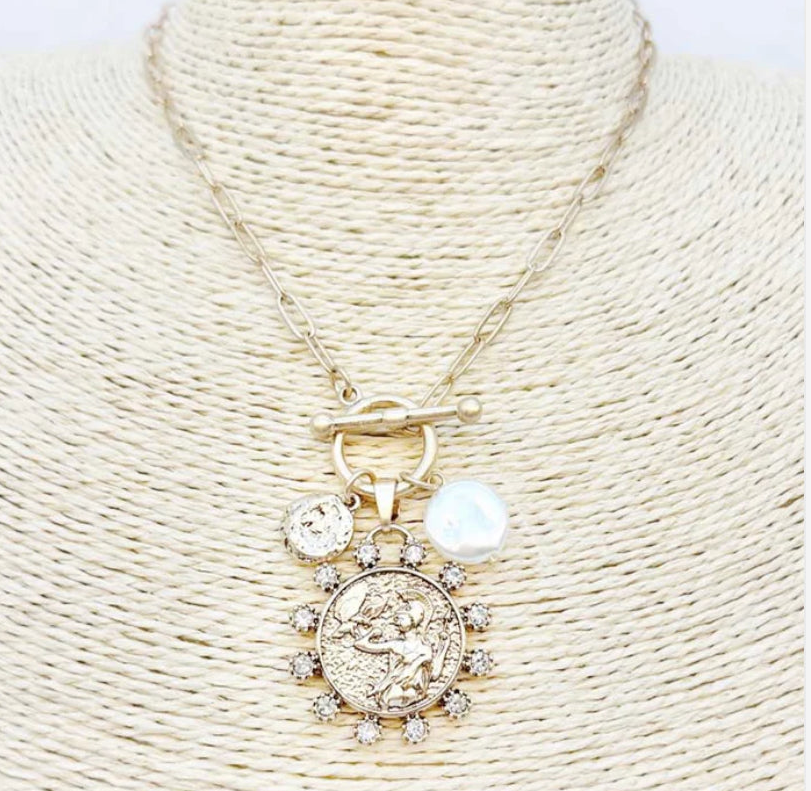 Gold Chain with Pearls and Coins Charm 16"-18" Necklace