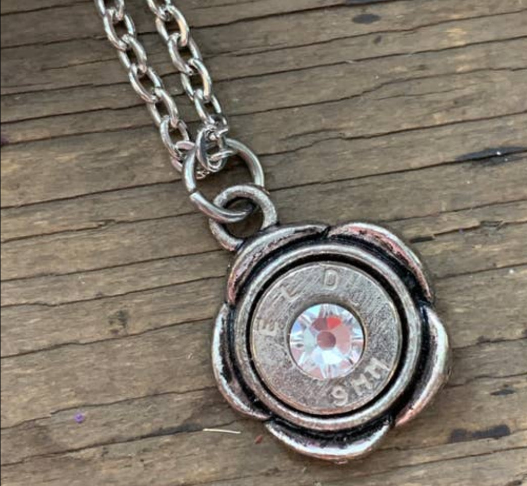 SILVER FLOWER 9MM BULLET NECKLACE - RUBY