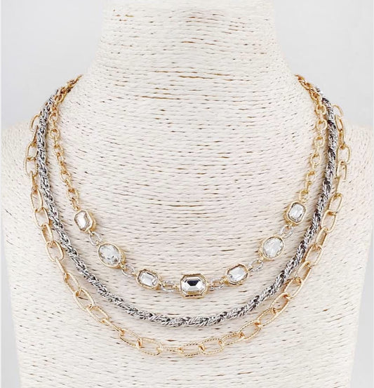 Gold and Silver Textured with Clear Crystal 16"-18" Necklace