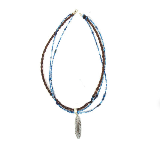 HANDCRAFTED GENUINE BRAIDED HORSEHAIR WITH SHIMMERING BLUE/SILVER BEADS & SILVER ARROW PENDANT