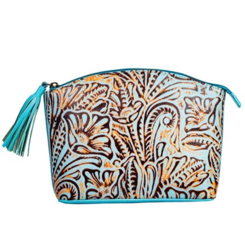 CLARENDON TURQUOISE LEATHER EMBOSSED POUCH by MYRA BAG®