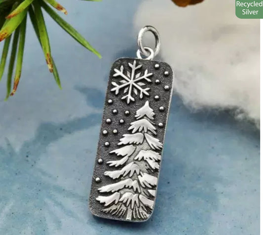 HANDCRAFTED STERLING SILVER SNOWY TREE & SNOWFLAKE NECKLACE 18" BOX CHAIN  Pendant 30x10mm